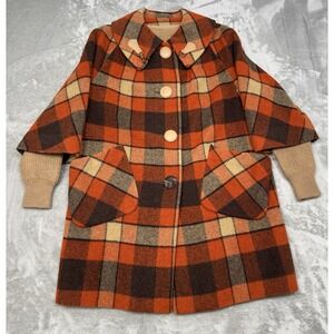 Vintage Country Pacer Cape Coat Womens Large Orange Plaid Wool Faux Fur 60s